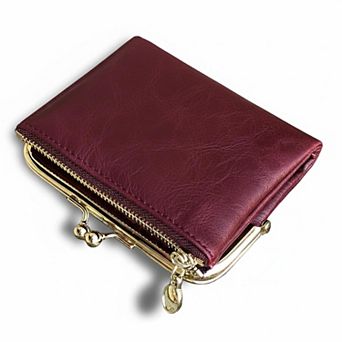 ZUQIETA Vintage Womens Bifold Wallet RFID Compact Leather Slim Zipper Kiss Lock Card Slots