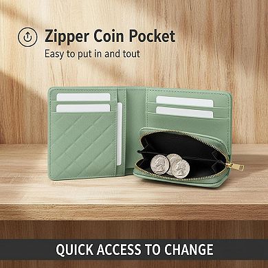 ZUQIETA RFID Slim Small Leather Wallet Credit Card Holder with ID Window & Zipper Pocket