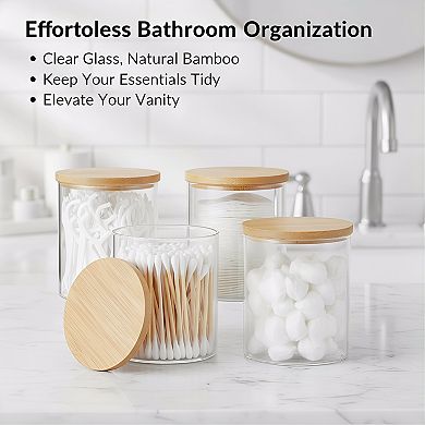 KSIZUIS 4-Pack Glass Apothecary Jars with Lids - Qtip, Cotton Ball & Pad Holders for Bathroom Vanity