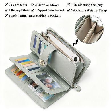 KSIZUIS Women Leather Wallet Large Capacity Bifold RFID Blocking Card Holder Zipper Pocket Wristlet