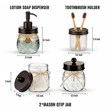 Mason Jar 4-Piece Bathroom Accessory Set Rustic Farmhouse Decor Glass & Stainless Steel