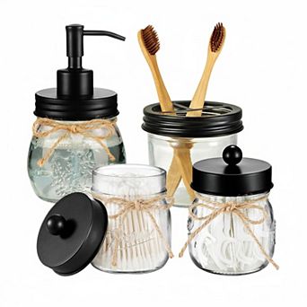 Mason Jar 4 pc Bathroom Accessory Set Rustic Farmhouse Decor Glass & Stainless Steel