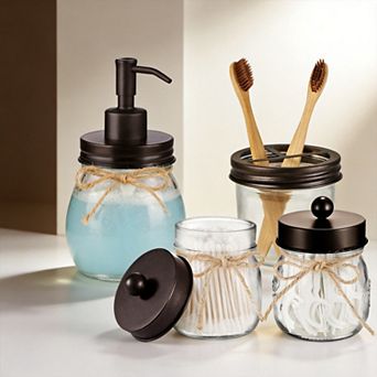 Mason Jar 4 pc Bathroom Accessory Set Rustic Farmhouse Decor Glass & Stainless Steel