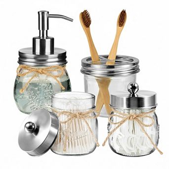 Mason Jar 4 pc Bathroom Accessory Set Rustic Farmhouse Decor Glass & Stainless Steel