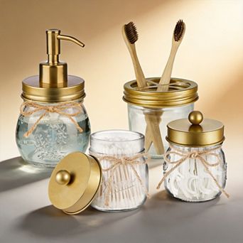 Mason Jar 4 pc Bathroom Accessory Set Rustic Farmhouse Decor Glass & Stainless Steel