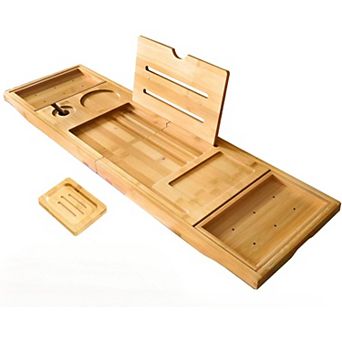 KSIZUIS Bamboo Foldable Bathtub Tray - 41" Expandable with Book Stand & Non-Slip Pads, Luxury Spa