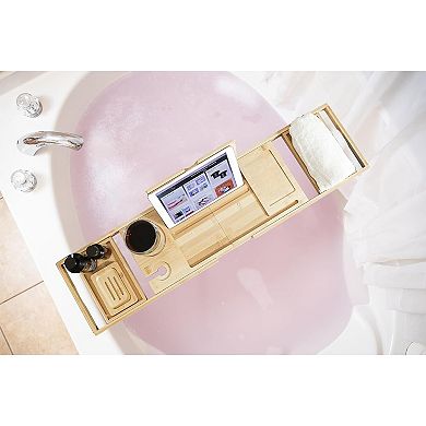 KSIZUIS Bamboo Foldable Bathtub Tray - 41" Expandable with Book Stand & Non-Slip Pads, Luxury Spa