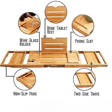 KSIZUIS Bamboo Foldable Bathtub Tray - 41" Expandable with Book Stand & Non-Slip Pads, Luxury Spa