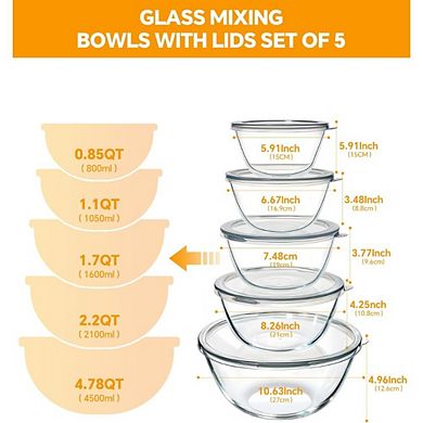 Great Ambitions 5-Piece Glass Mixing Bowls Set with Lids,Nesting Design for Kitchen Baking & Storage