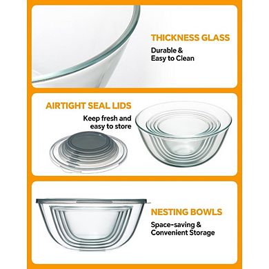 Great Ambitions 5-Piece Glass Mixing Bowls Set with Lids,Nesting Design for Kitchen Baking & Storage