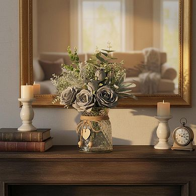 KSIZUIS Silk Roses & Eucalyptus Arrangement with Vase for Home Office Farmhouse
