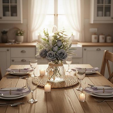 KSIZUIS Silk Roses & Eucalyptus Arrangement with Vase for Home Office Farmhouse