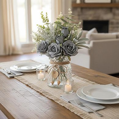 KSIZUIS Silk Roses & Eucalyptus Arrangement with Vase for Home Office Farmhouse