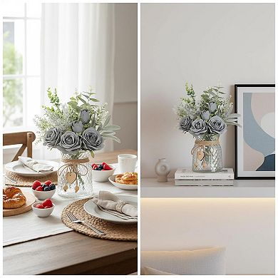 KSIZUIS Silk Roses & Eucalyptus Arrangement with Vase for Home Office Farmhouse