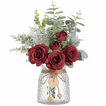 KSIZUIS Silk Roses & Eucalyptus Arrangement with Vase for Home Office Farmhouse
