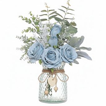 KSIZUIS Silk Roses & Eucalyptus Arrangement with Vase for Home Office Farmhouse