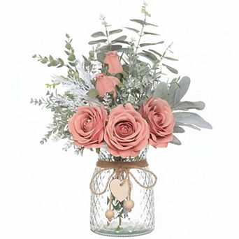 KSIZUIS Silk Roses & Eucalyptus Arrangement with Vase for Home Office Farmhouse