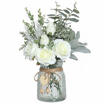 KSIZUIS Silk Roses & Eucalyptus Arrangement with Vase for Home Office Farmhouse