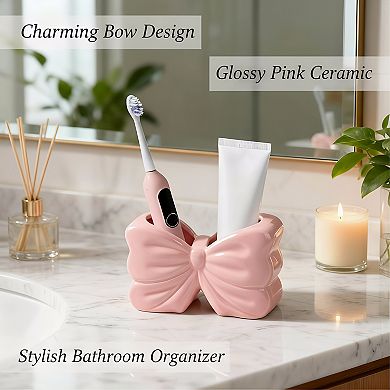 KSIZUIS Pink Bow 2-Slot Toothbrush & Toothpaste Holder Set-Cute Bathroom Counter Organizer