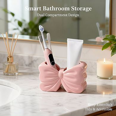 KSIZUIS Pink Bow 2-Slot Toothbrush & Toothpaste Holder Set-Cute Bathroom Counter Organizer