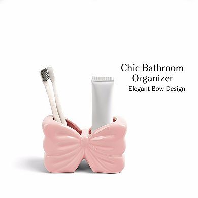 KSIZUIS Pink Bow 2-Slot Toothbrush & Toothpaste Holder Set-Cute Bathroom Counter Organizer