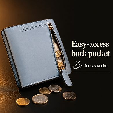 ZUQIETA Women's Slim Leather Bifold Wallet RFID Protection Compact Mini Purse Clear ID Window
