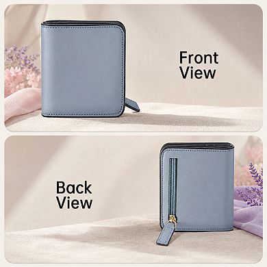 ZUQIETA Women's Slim Leather Bifold Wallet RFID Protection Compact Mini Purse Clear ID Window