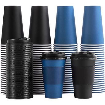 Great Ambitions 100-Pack 16oz Disposable Coffee Cups with Lids & Sleeves, for Hot/Cold Drinks