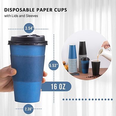 Great Ambitions 100-Pack 16oz Disposable Coffee Cups with Lids & Sleeves, for Hot/Cold Drinks