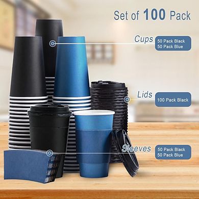 Great Ambitions 100-Pack 16oz Disposable Coffee Cups with Lids & Sleeves, for Hot/Cold Drinks