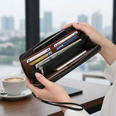 ZUQIETA RFID Blocking Leather Wristlet Wallet Large Capacity Real Leather Card Holder