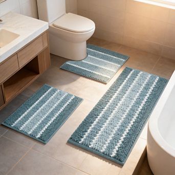 3 pc Chenille Bathroom Rug Set Extra Thick Absorbent Non Slip Soft Plush Machine Washable
