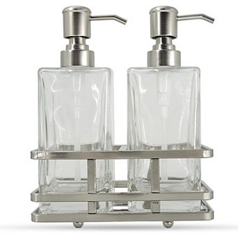 KSIZUIS Square Clear Glass Soap Dispenser Set with Metal Stand Caddy-Heavy Weight Nickel