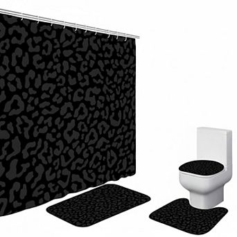 4 pc Leopard Print Bathroom Set Shower Curtain Non Slip Rugs Mat Toilet Lid Cover with 12 Hooks