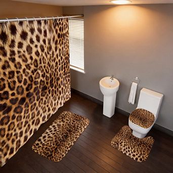 4 pc Leopard Print Bathroom Set Shower Curtain Non Slip Rugs Mat Toilet Lid Cover with 12 Hooks