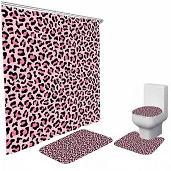 4 pc Leopard Print Bathroom Set Shower Curtain Non Slip Rugs Mat Toilet Lid Cover with 12 Hooks