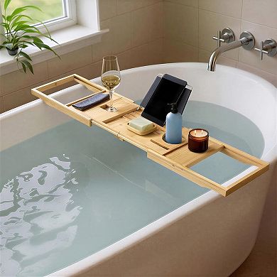 KSIZUIS Expandable Bamboo Bathtub Tray Caddy - 29.5-43" Spa Bath Organizer
