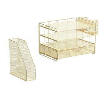 Great Ambitions All-in-One 4 tier Desk Organizer with File Holder, Drawer & Pen Holders (Gold)
