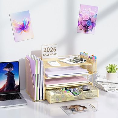 Great Ambitions All-in-One 4-Tier Desk Organizer with File Holder, Drawer & Pen Holders (Gold)