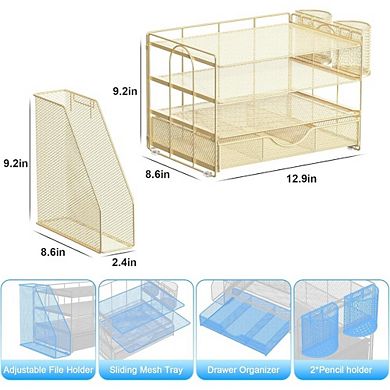 Great Ambitions All-in-One 4-Tier Desk Organizer with File Holder, Drawer & Pen Holders (Gold)