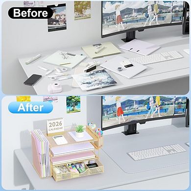 Great Ambitions All-in-One 4-Tier Desk Organizer with File Holder, Drawer & Pen Holders (Gold)