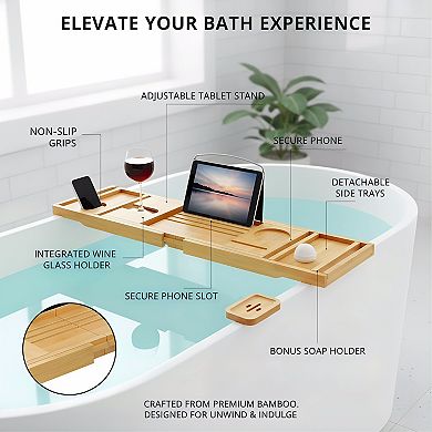 KSIZUIS Bamboo Foldable Expandable Bathtub Tray - Premium Spa Shelf & Bathroom Accessories Gift