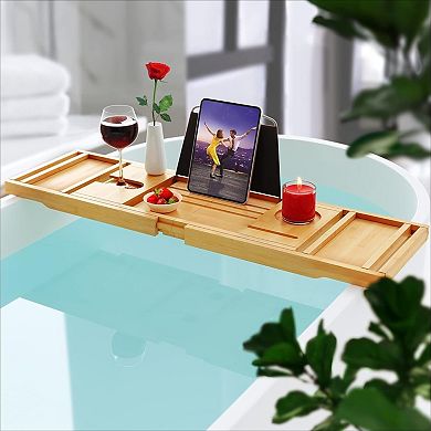 KSIZUIS Bamboo Foldable Expandable Bathtub Tray - Premium Spa Shelf & Bathroom Accessories Gift