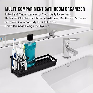 KSIZUIS Matte Black Carbon Steel Toothbrush & Toothpaste Holder for Countertop & Shower