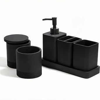 KSIZUIS Matte Black 6 pc Bathroom Accessories Set - Soap Dispenser, Toothbrush Holder & Tray