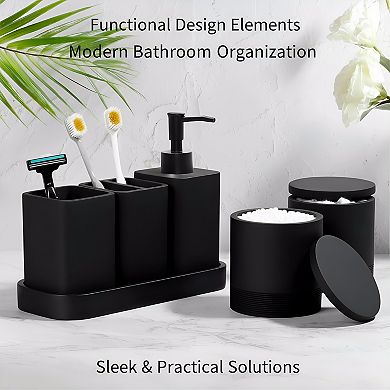 KSIZUIS Matte Black 6-Piece Bathroom Accessories Set - Soap Dispenser, Toothbrush Holder & Tray