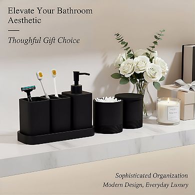 KSIZUIS Matte Black 6-Piece Bathroom Accessories Set - Soap Dispenser, Toothbrush Holder & Tray