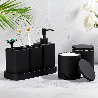 KSIZUIS Matte Black 6-Piece Bathroom Accessories Set - Soap Dispenser, Toothbrush Holder & Tray