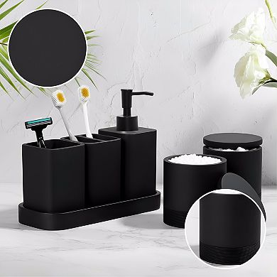 KSIZUIS Matte Black 6-Piece Bathroom Accessories Set - Soap Dispenser, Toothbrush Holder & Tray