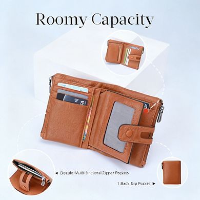 KSIZUIS Small Soft Genuine Leather RFID Blocking Wallet Double Zipper Pocket Card Holder